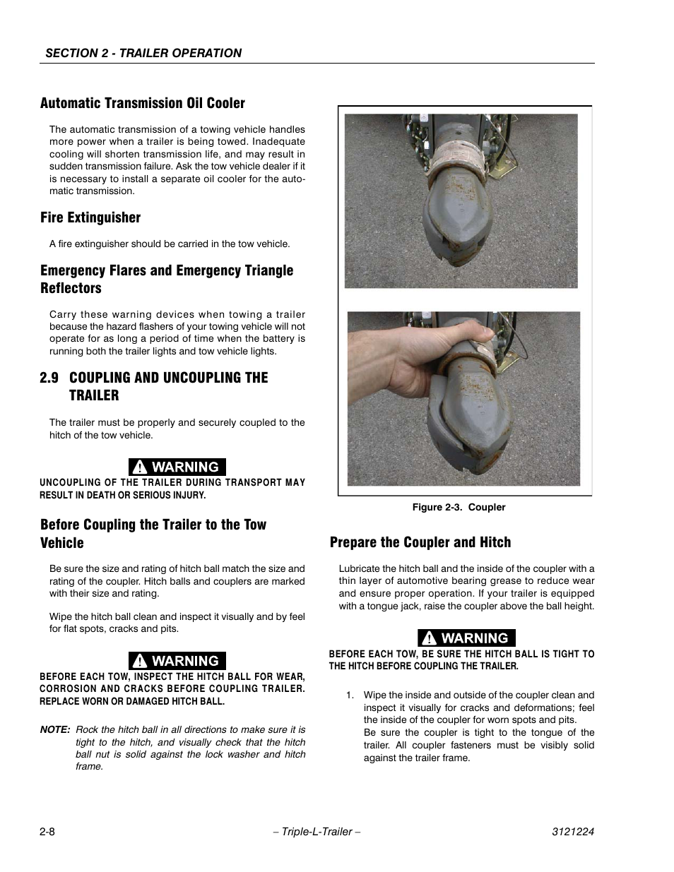 Automatic transmission oil cooler, Fire extinguisher, Emergency flares and emergency triangle reflectors | 9 coupling and uncoupling the trailer, Before coupling the trailer to the tow vehicle, Prepare the coupler and hitch, Coupling and uncoupling the trailer -8, Coupler -8 | JLG Triple-L Operator Manual User Manual | Page 26 / 70