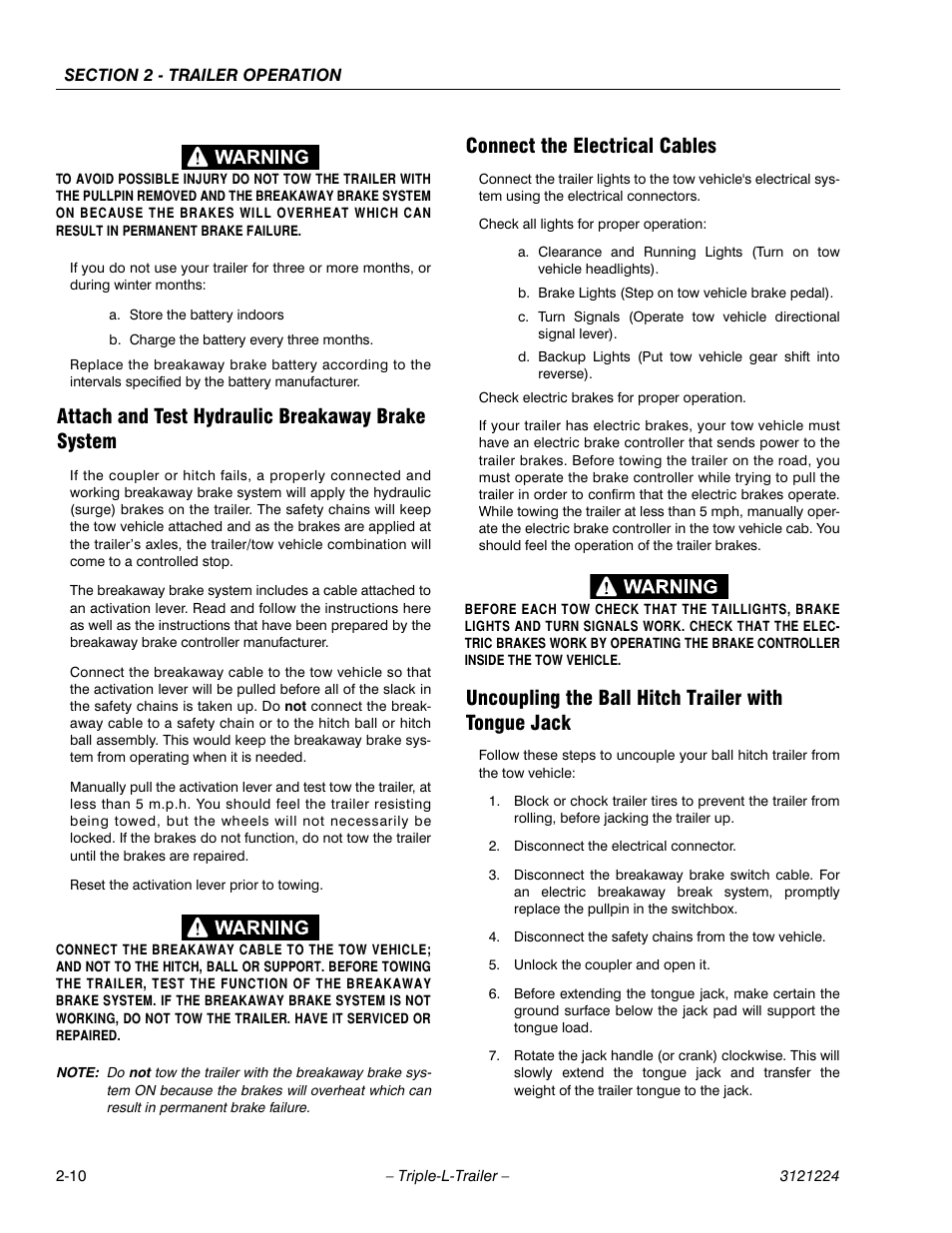 Attach and test hydraulic breakaway brake system, Connect the electrical cables, Uncoupling the ball hitch trailer with tongue jack | JLG Triple-L Operator Manual User Manual | Page 28 / 70