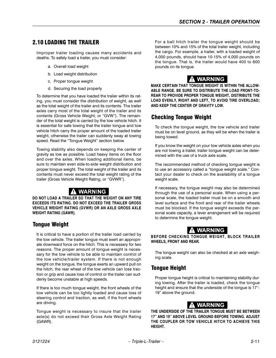 10 loading the trailer, Tongue weight, Checking tongue weight | Tongue height, Loading the trailer -11 | JLG Triple-L Operator Manual User Manual | Page 29 / 70