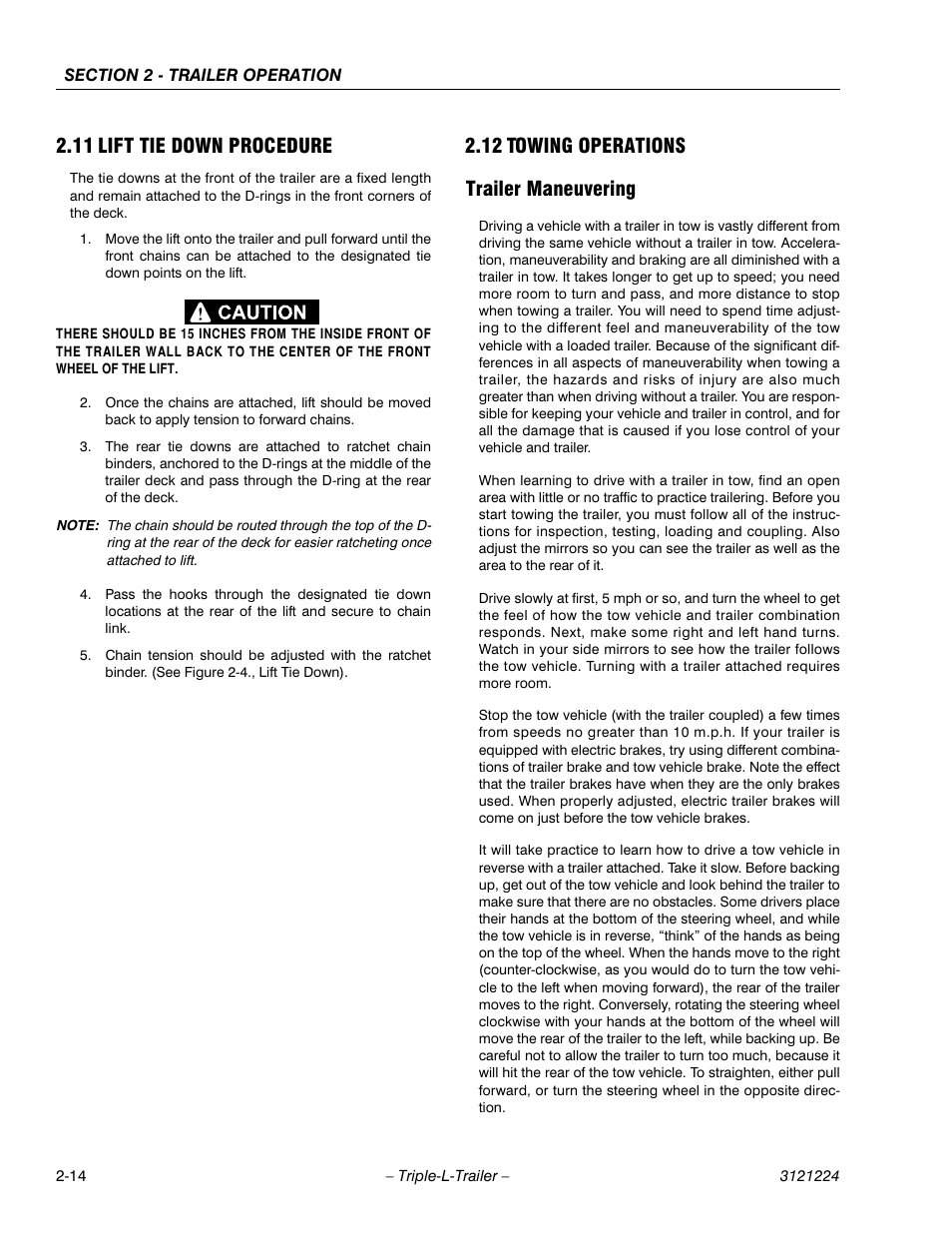 11 lift tie down procedure, 12 towing operations, Trailer maneuvering | Lift tie down procedure -14, Towing operations -14, 12 towing operations trailer maneuvering | JLG Triple-L Operator Manual User Manual | Page 32 / 70