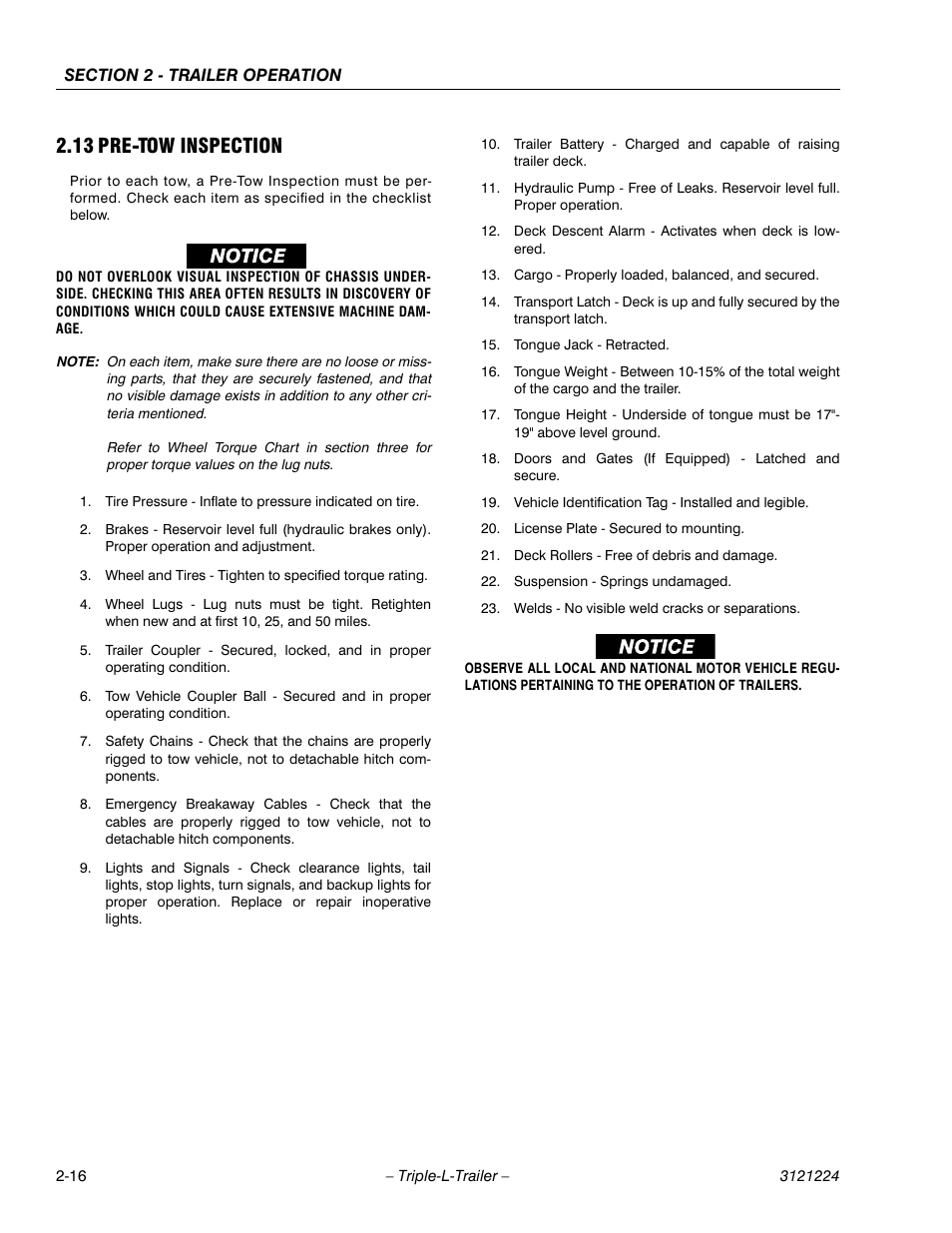 13 pre-tow inspection, Pre-tow inspection -16 | JLG Triple-L Operator Manual User Manual | Page 34 / 70