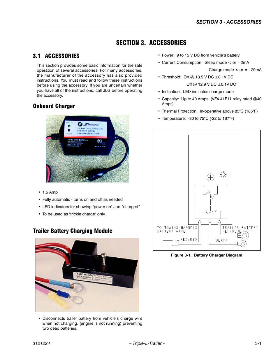 Section 3. accessories, 1 accessories, Onboard charger | Trailer battery charging module, Section 3 - accessories, Accessories -1, Battery charger diagram -1 | JLG Triple-L Operator Manual User Manual | Page 37 / 70