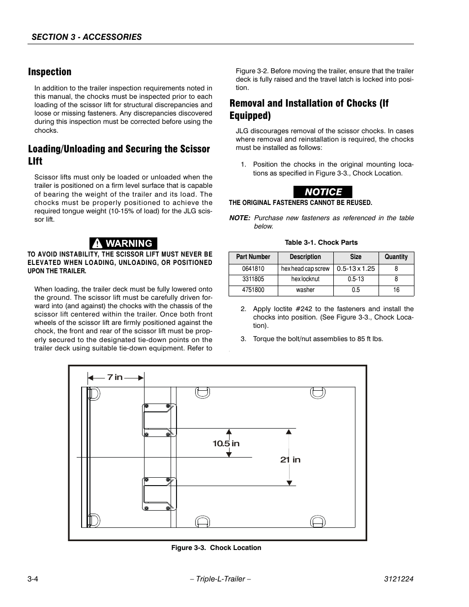 Inspection, Loading/unloading and securing the scissor lift, Removal and installation of chocks (if equipped) | Chock location -4, Chock parts -4 | JLG Triple-L Operator Manual User Manual | Page 40 / 70