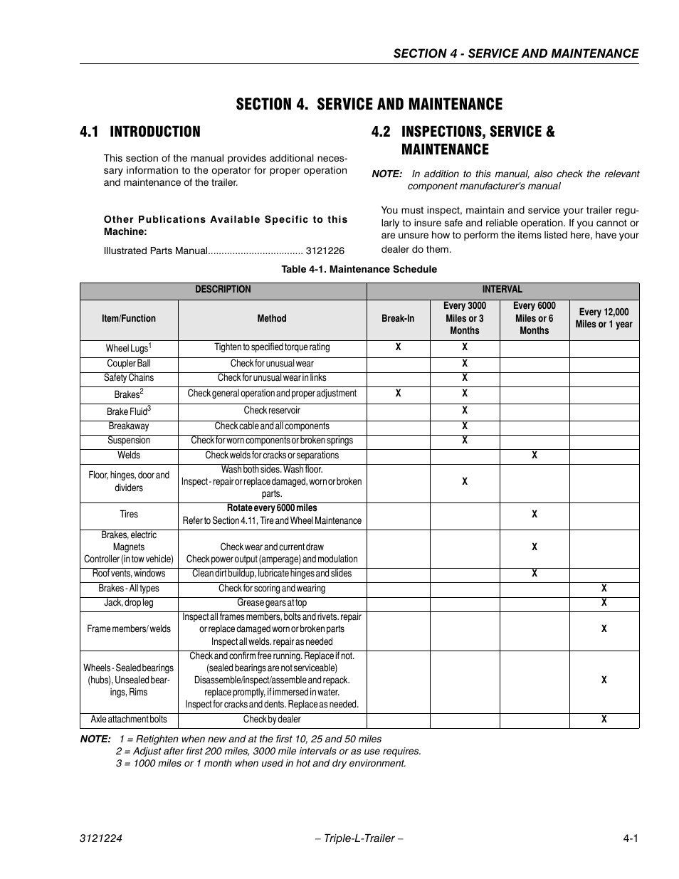 Section 4. service and maintenance, 1 introduction, 2 inspections, service & maintenance | Section 4 - service and maintenance, Introduction -1, Inspections, service & maintenance -1, Maintenance schedule -1 | JLG Triple-L Operator Manual User Manual | Page 41 / 70