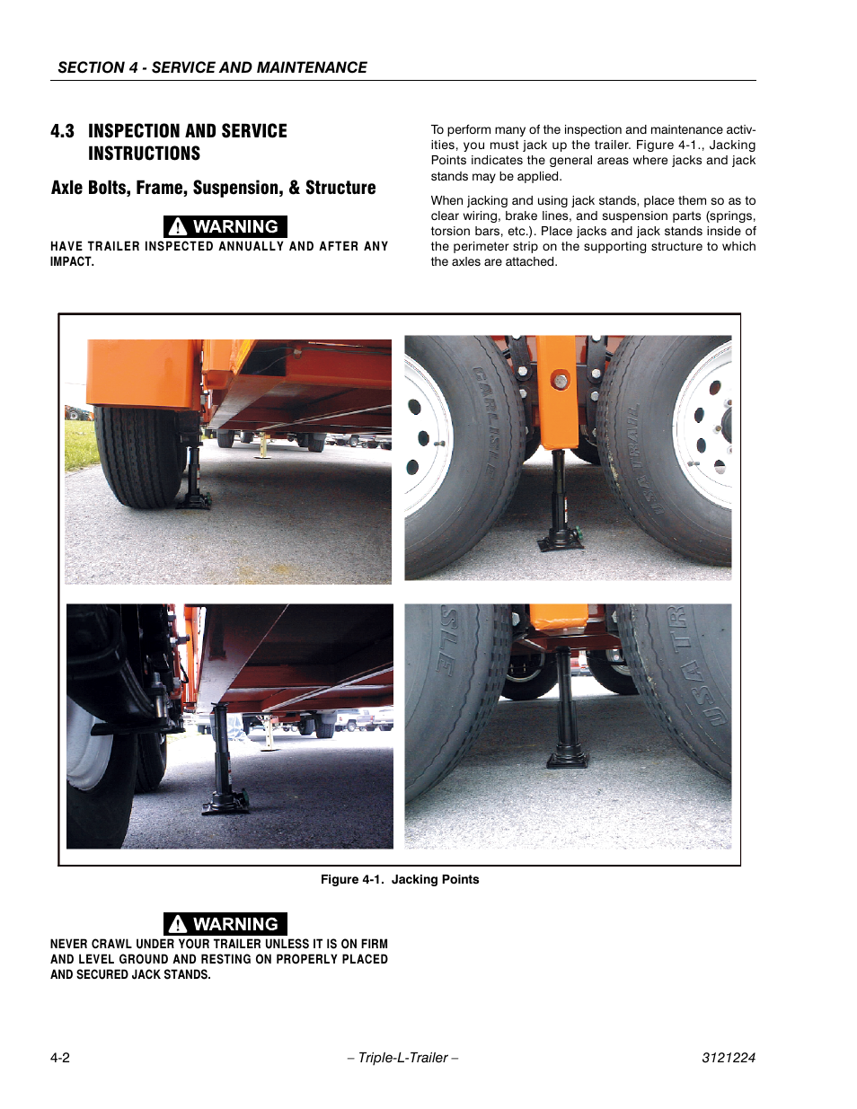 3 inspection and service instructions, Axle bolts, frame, suspension, & structure, Inspection and service instructions -2 | Jacking points -2 | JLG Triple-L Operator Manual User Manual | Page 42 / 70