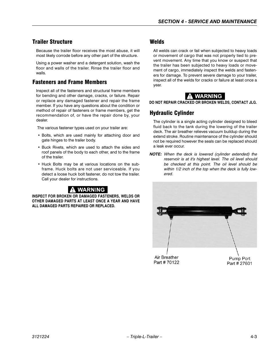 Trailer structure, Fasteners and frame members, Welds | Hydraulic cylinder | JLG Triple-L Operator Manual User Manual | Page 43 / 70
