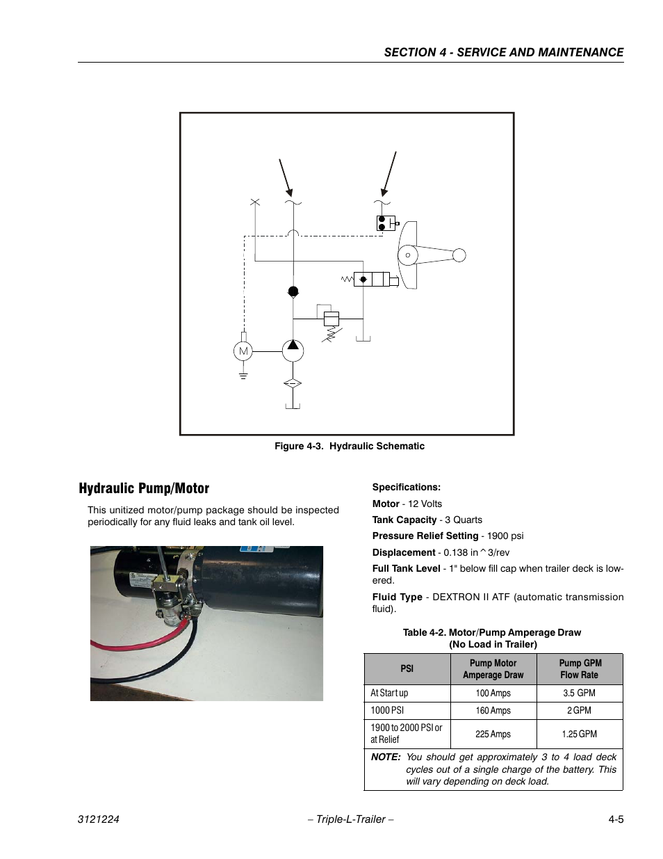 Hydraulic pump/motor, Hydraulic schematic -5, Motor/pump amperage draw (no load in trailer) -5 | JLG Triple-L Operator Manual User Manual | Page 45 / 70