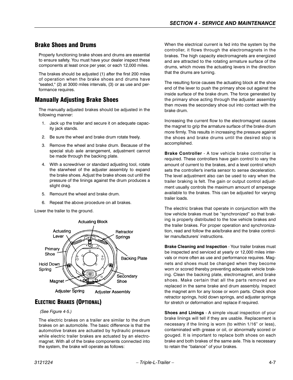 Brake shoes and drums, Manually adjusting brake shoes, Electric brakes (optional) | JLG Triple-L Operator Manual User Manual | Page 47 / 70