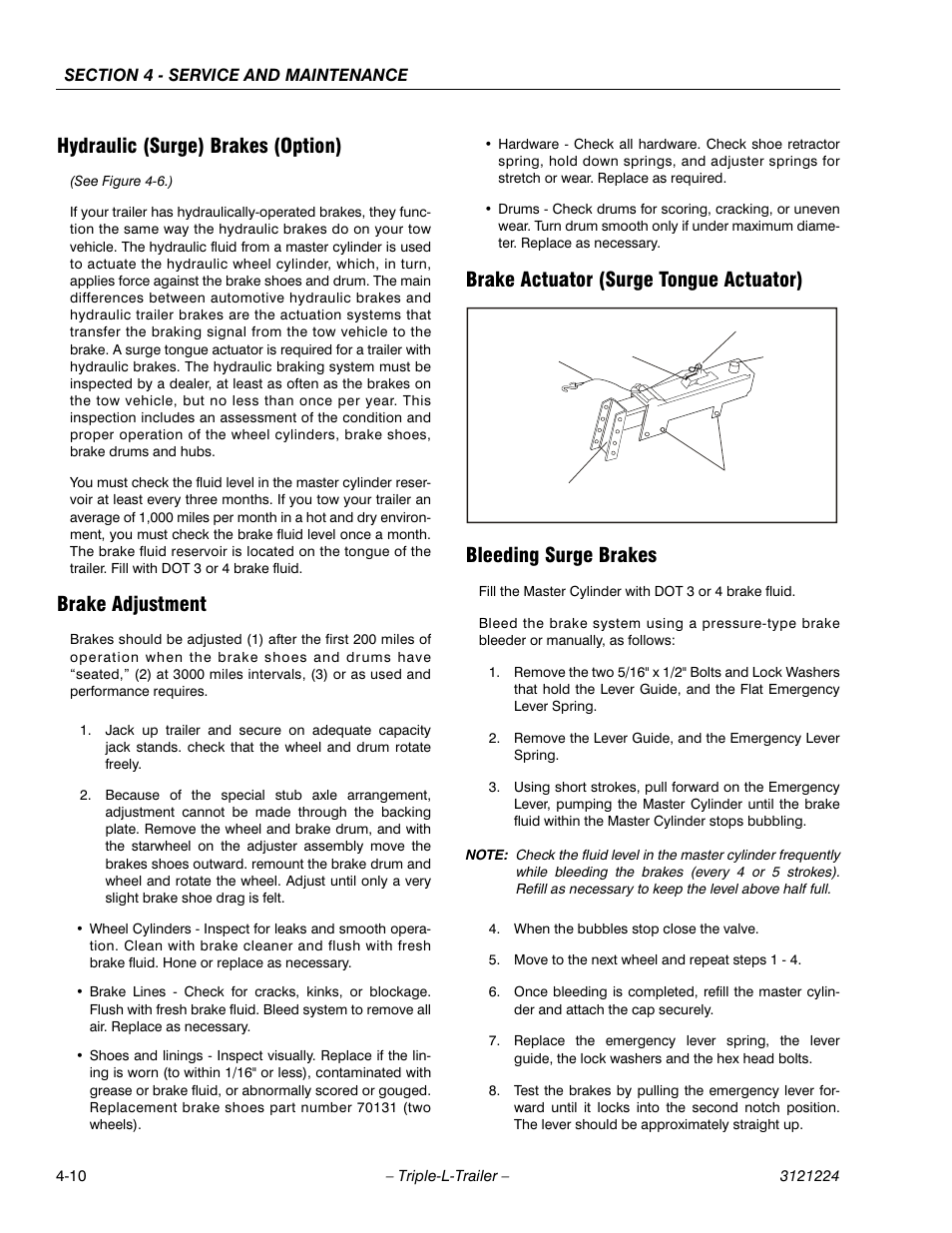 Hydraulic (surge) brakes (option), Brake adjustment, Brake actuator (surge tongue actuator) | Bleeding surge brakes | JLG Triple-L Operator Manual User Manual | Page 50 / 70