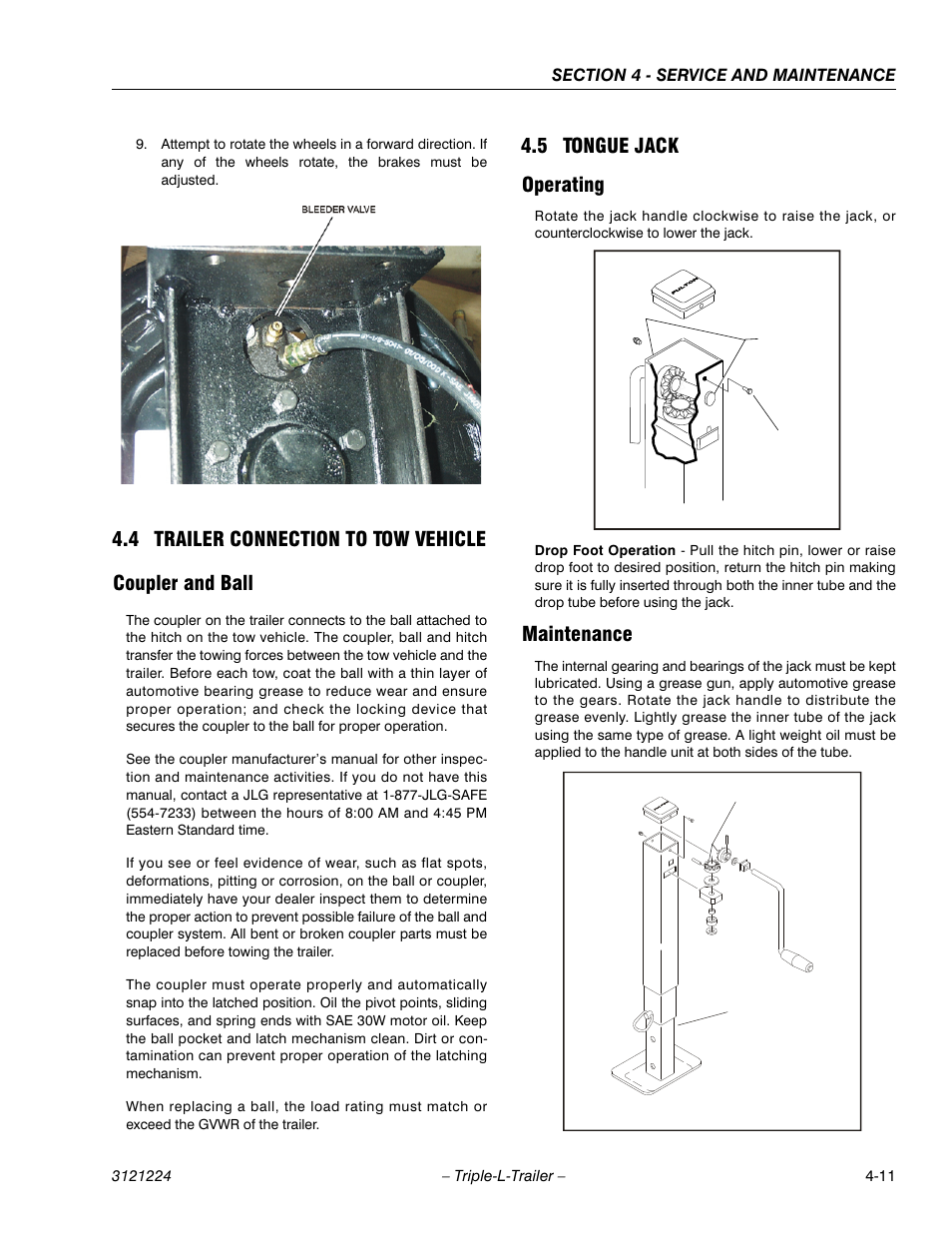 4 trailer connection to tow vehicle, Coupler and ball, 5 tongue jack | Operating, Maintenance, Trailer connection to tow vehicle -11, Tongue jack -11, 5 tongue jack operating | JLG Triple-L Operator Manual User Manual | Page 51 / 70