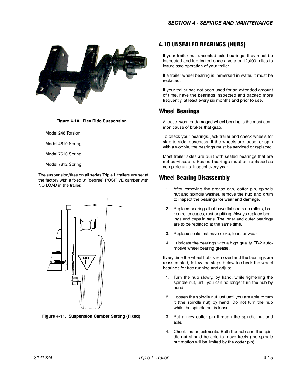 10 unsealed bearings (hubs), Wheel bearings, Wheel bearing disassembly | Unsealed bearings (hubs) -15, Flex ride suspension -15, Suspension camber setting (fixed) -15 | JLG Triple-L Operator Manual User Manual | Page 55 / 70