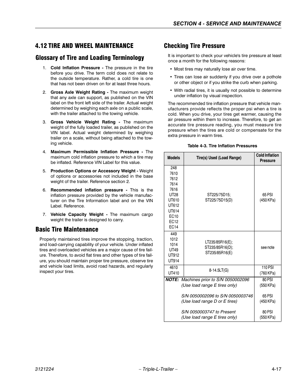 12 tire and wheel maintenance, Glossary of tire and loading terminology, Basic tire maintenance | Checking tire pressure, Tire and wheel maintenance -17, Tire inflation pressures -17 | JLG Triple-L Operator Manual User Manual | Page 57 / 70