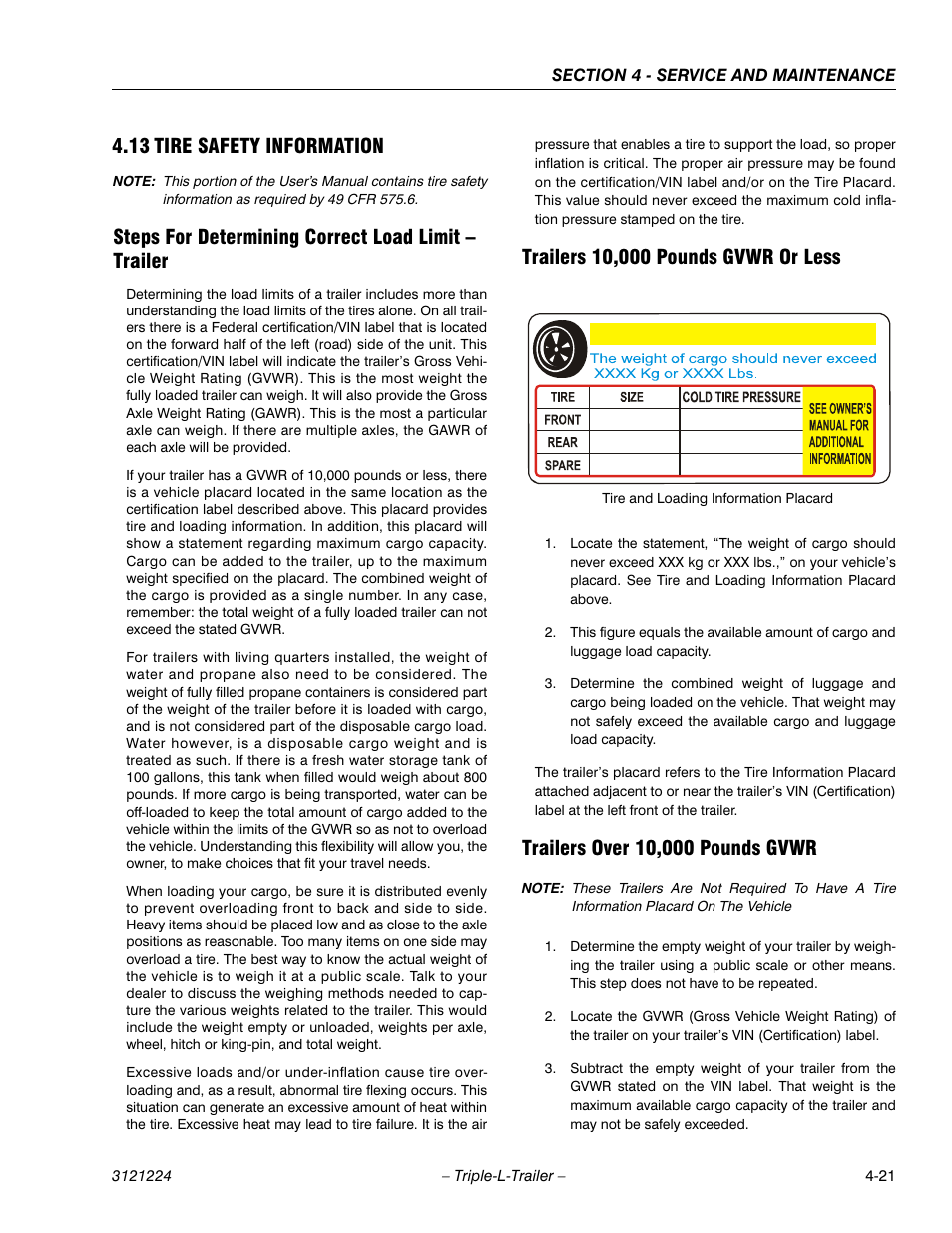 13 tire safety information, Steps for determining correct load limit – trailer, Trailers 10,000 pounds gvwr or less | Trailers over 10,000 pounds gvwr, Tire safety information -20 | JLG Triple-L Operator Manual User Manual | Page 61 / 70