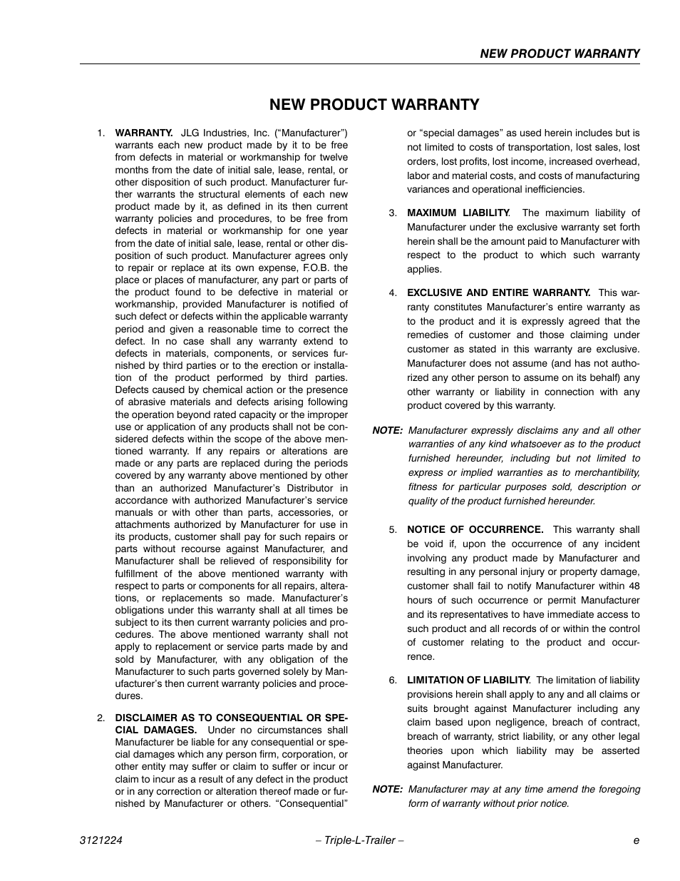 New product warranty | JLG Triple-L Operator Manual User Manual | Page 7 / 70