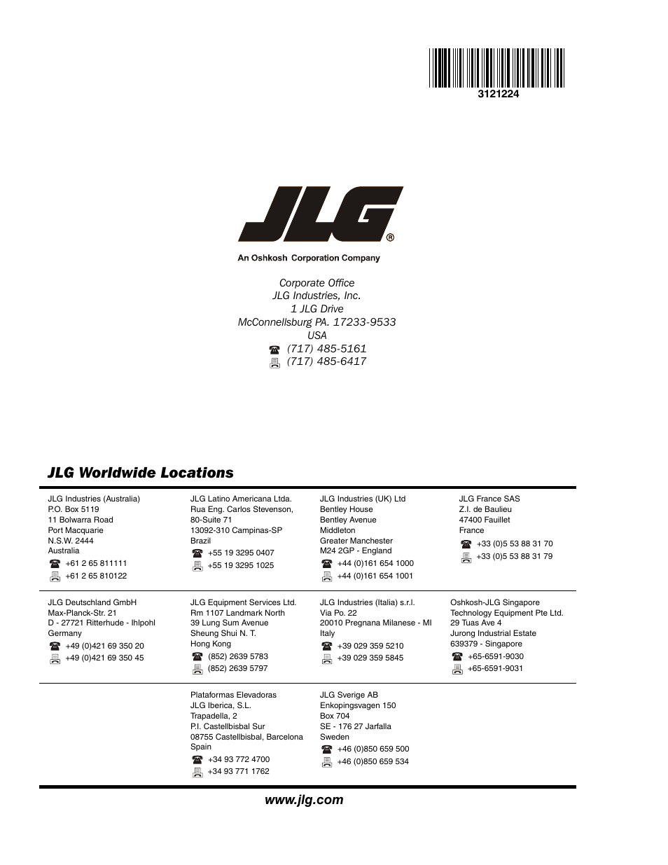 Jlg worldwide locations | JLG Triple-L Operator Manual User Manual | Page 70 / 70