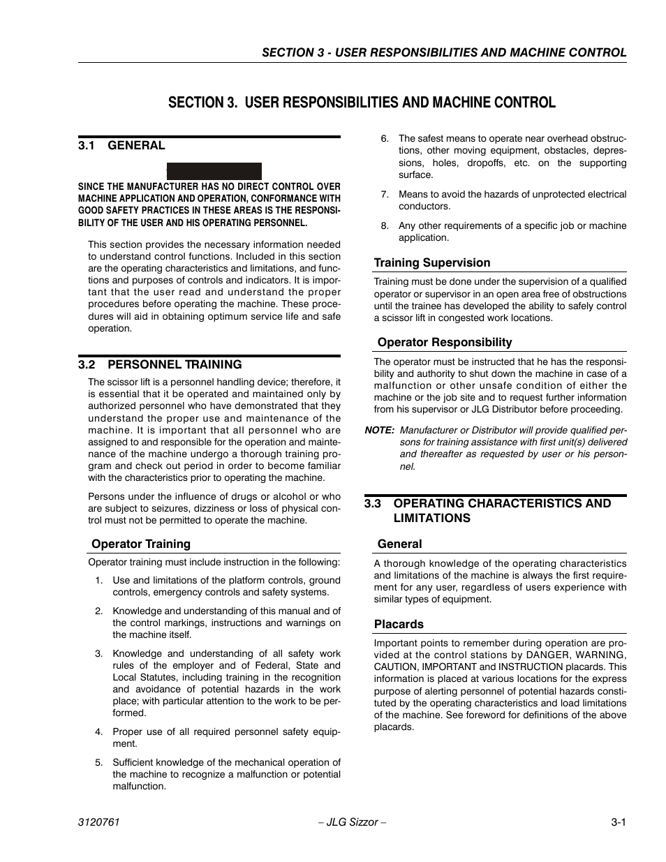 1 general, 2 personnel training, Operator training | Training supervision, Operator responsibility, 3 operating characteristics and limitations, General, Placards, General -1, Personnel training -1 | JLG 2658E3 ANSI Operator Manual User Manual | Page 21 / 66
