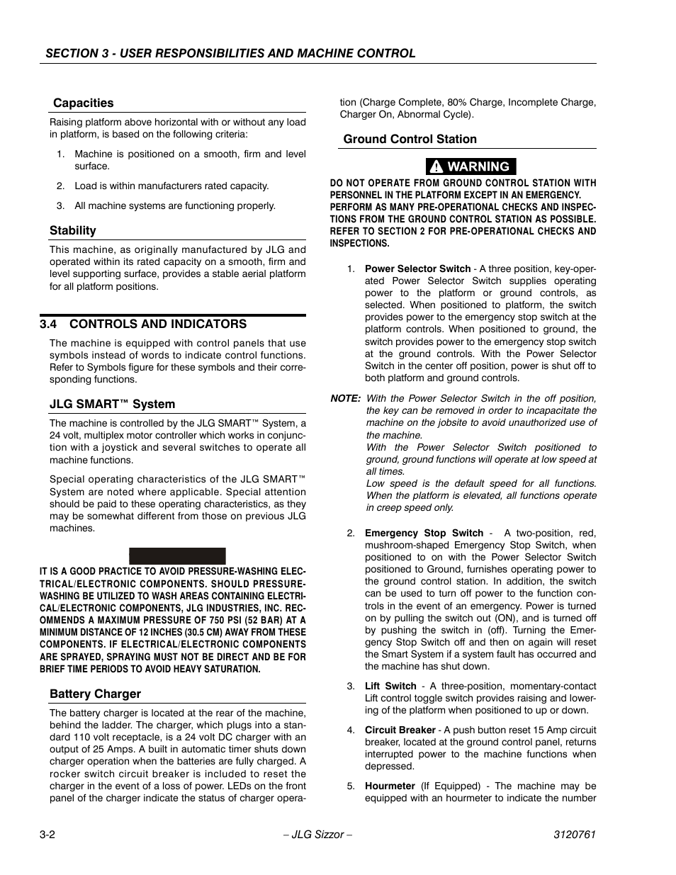 Capacities, Stability, 4 controls and indicators | Jlg smart™ system, Battery charger, Ground control station, Controls and indicators -2, Important | JLG 2658E3 ANSI Operator Manual User Manual | Page 22 / 66
