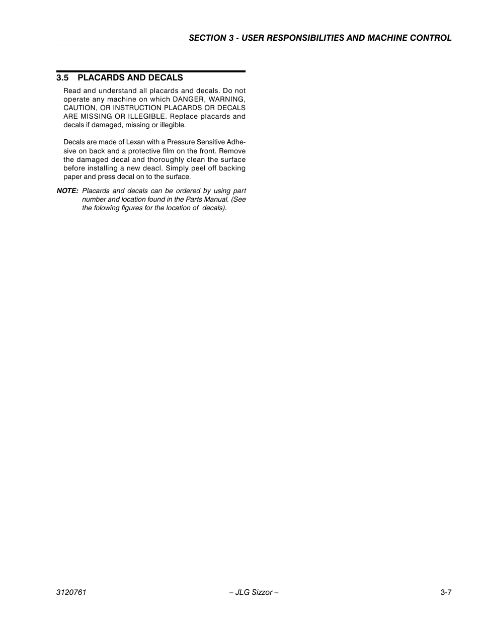 5 placards and decals, Placards and decals -7 | JLG 2658E3 ANSI Operator Manual User Manual | Page 27 / 66