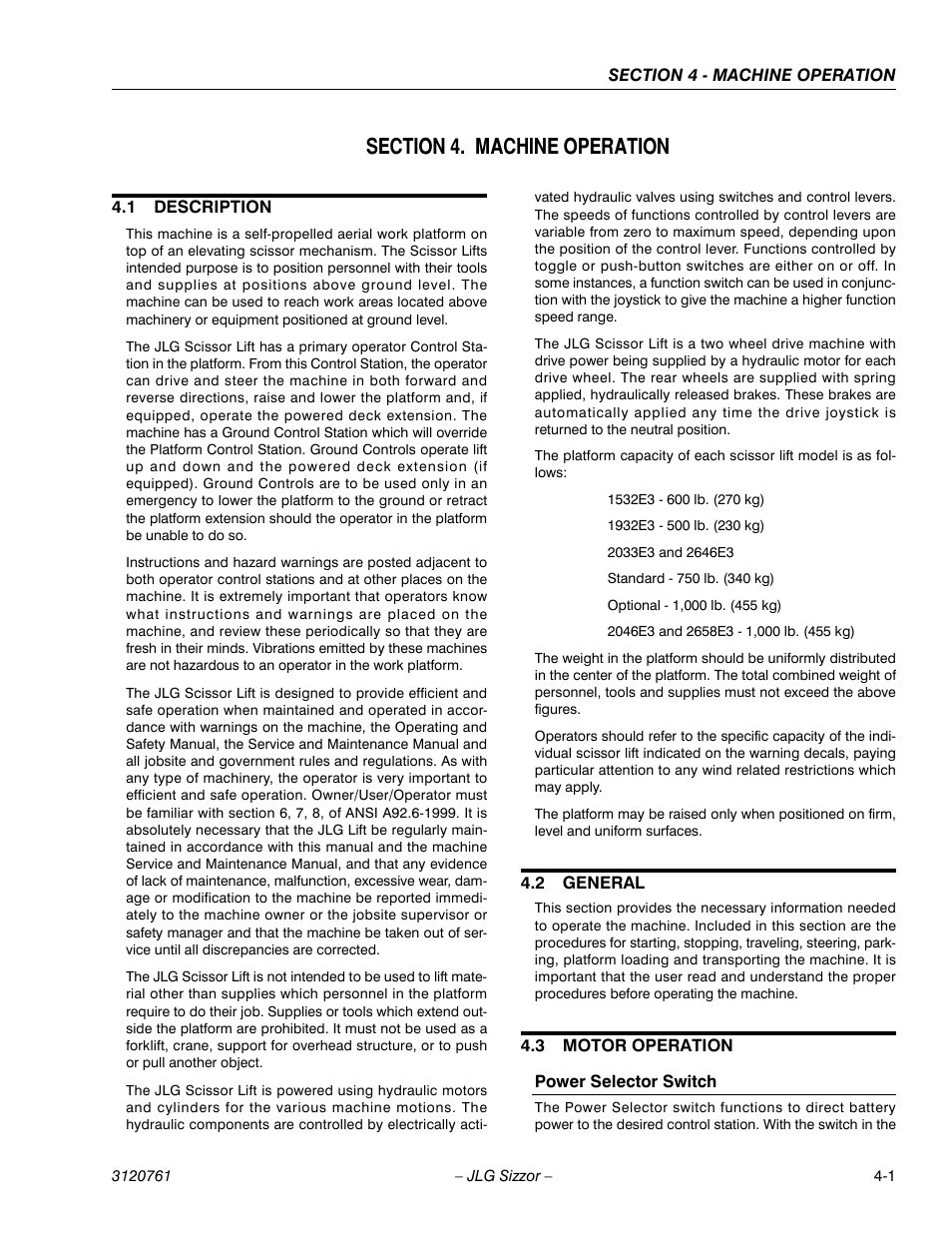 Section 4. machine operation, 1 description, 2 general | 3 motor operation, Power selector switch, Section 4 - machine operation, Description -1, General -1, Motor operation -1 | JLG 2658E3 ANSI Operator Manual User Manual | Page 53 / 66