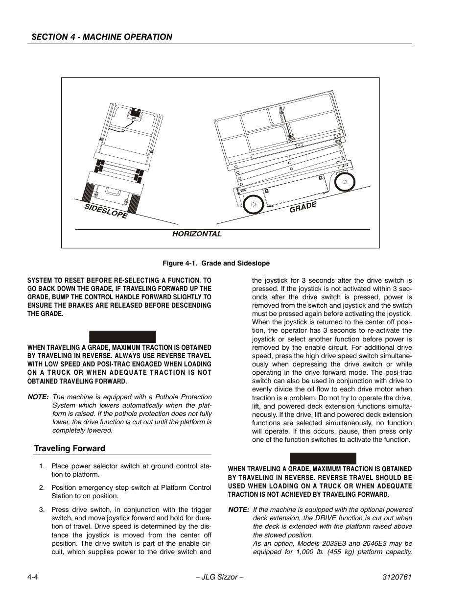 Traveling forward, Grade and sideslope -4, Important | JLG 2658E3 ANSI Operator Manual User Manual | Page 56 / 66