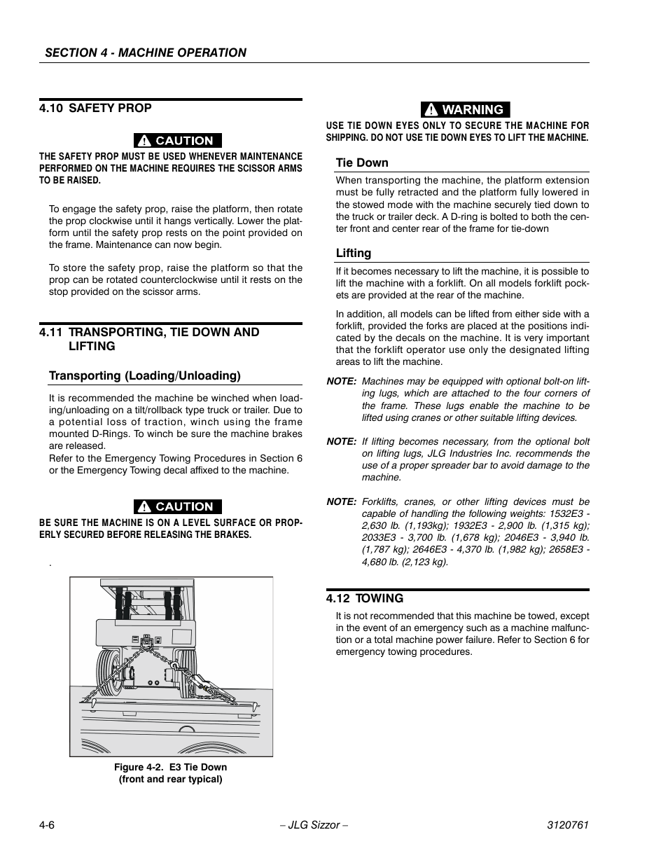10 safety prop, 11 transporting, tie down and lifting, Transporting (loading/unloading) | Tie down, Lifting, 12 towing, Safety prop -5, Transporting, tie down and lifting -6, Towing -6, E3 tie down -6 | JLG 2658E3 ANSI Operator Manual User Manual | Page 58 / 66