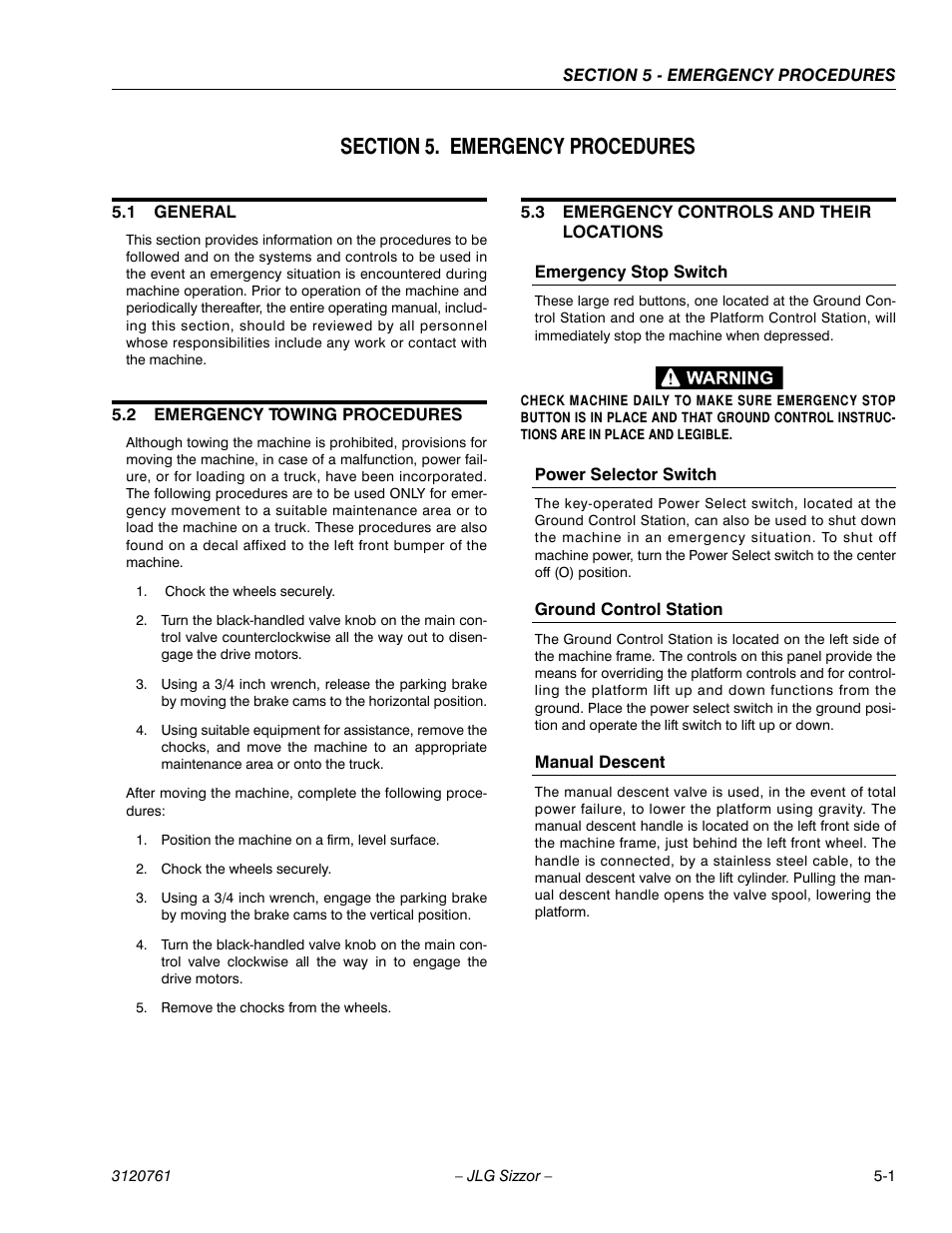 Section 5. emergency procedures, 1 general, 2 emergency towing procedures | 3 emergency controls and their locations, Emergency stop switch, Power selector switch, Ground control station, Manual descent, Section 5 - emergency procedures, General -1 | JLG 2658E3 ANSI Operator Manual User Manual | Page 61 / 66