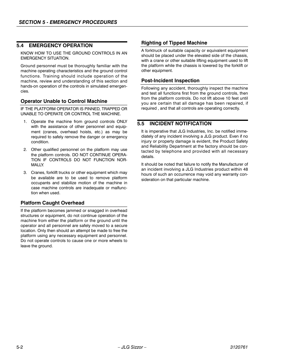4 emergency operation, Operator unable to control machine, Platform caught overhead | Righting of tipped machine, Post-incident inspection, 5 incident notification, Emergency operation -2, Incident notification -2 | JLG 2658E3 ANSI Operator Manual User Manual | Page 62 / 66