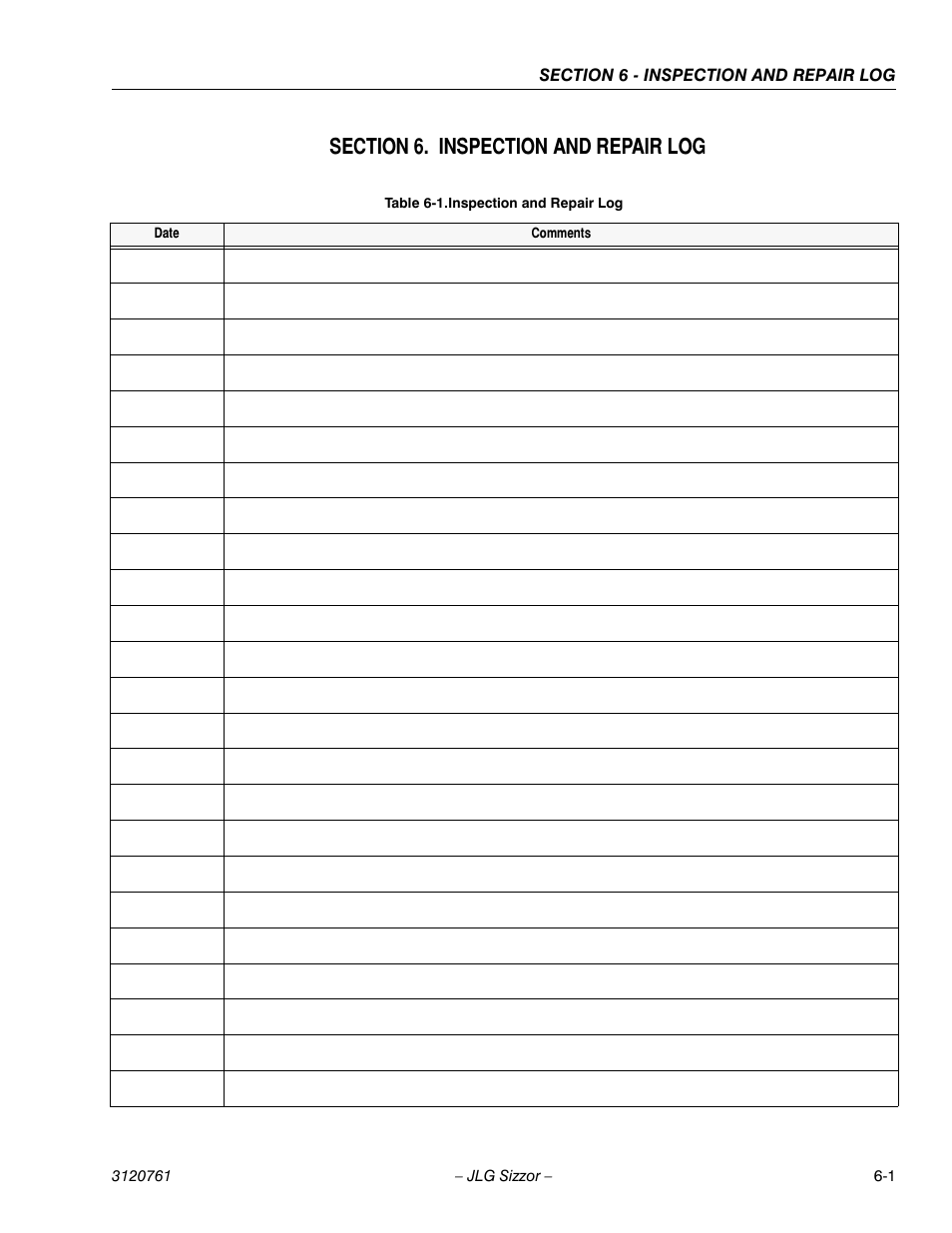 Section 6. inspection and repair log, Section 6 - inspection and repair log, Inspection and repair log -1 | JLG 2658E3 ANSI Operator Manual User Manual | Page 63 / 66