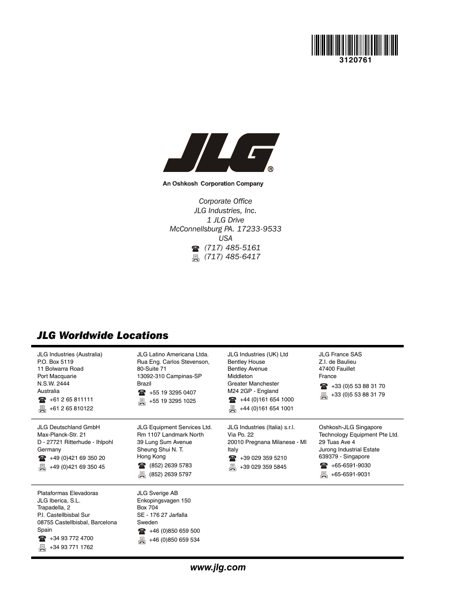 Jlg worldwide locations | JLG 2658E3 ANSI Operator Manual User Manual | Page 66 / 66