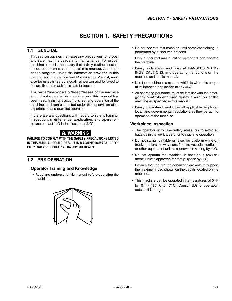 1 general, 2 pre-operation, Operator training and knowledge | Workplace inspection, Section 1 - safety precautions, General -1, Pre-operation -1 | JLG 2658E3 ANSI Operator Manual User Manual | Page 9 / 66