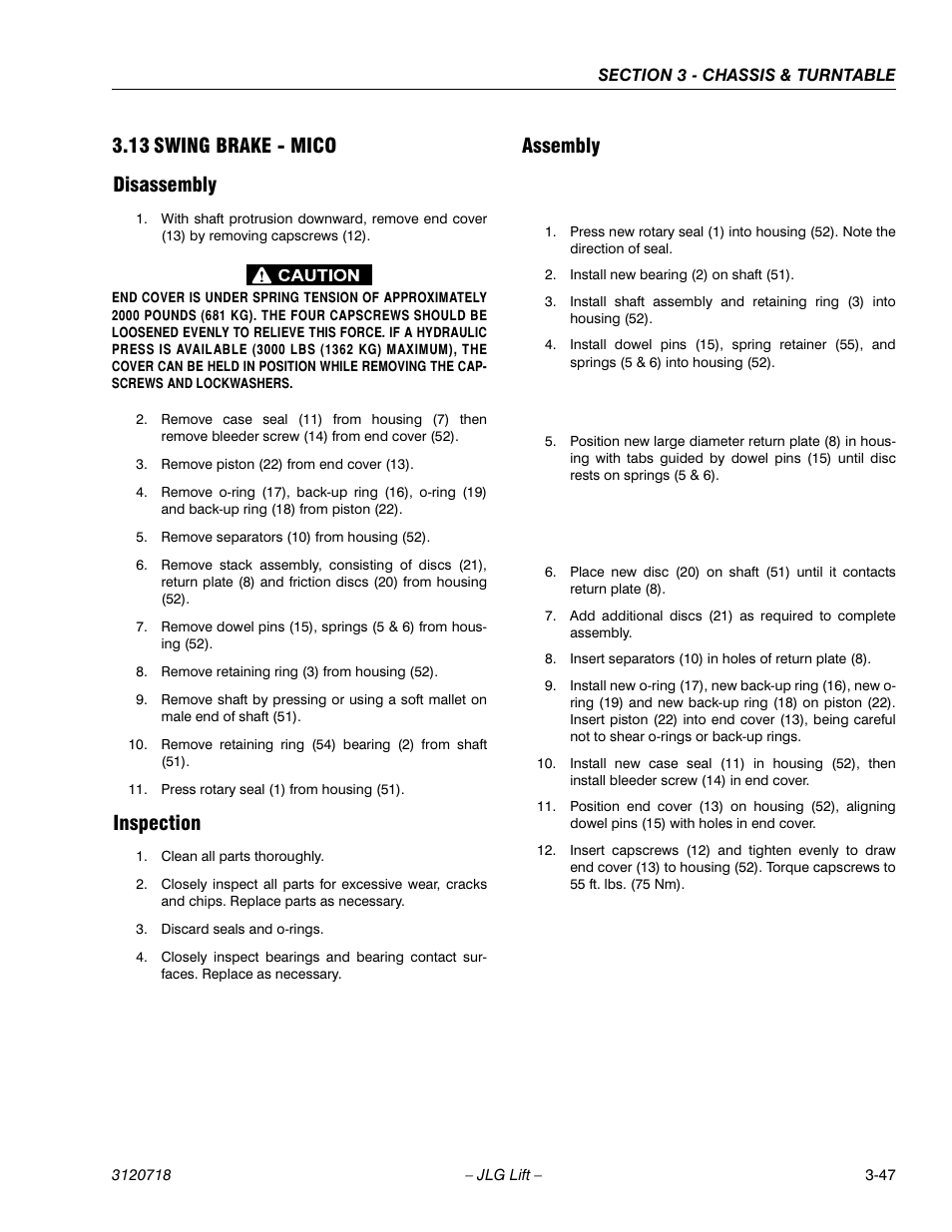 13 swing brake - mico, Disassembly, Inspection | Assembly, Swing brake - mico -47, Disassembly -47 inspection -47 assembly -47, 13 swing brake - mico disassembly | JLG 660SJ ANSI Service Manual User Manual | Page 101 / 322