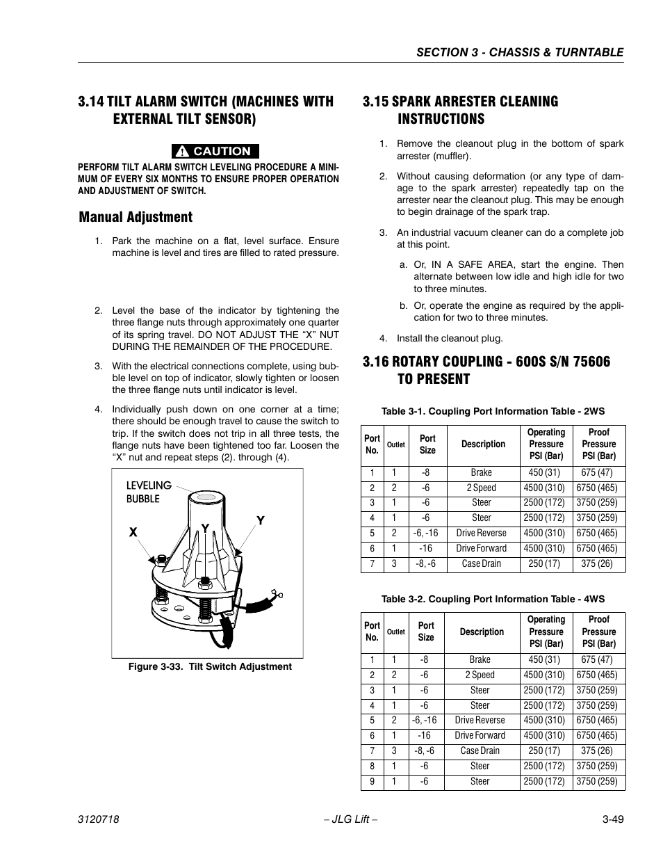 Manual adjustment, 15 spark arrester cleaning instructions, 16 rotary coupling - 600s s/n 75606 to present | Manual adjustment -49, Spark arrester cleaning instructions -49, Rotary coupling - 600s s/n 75606 to present -49, Tilt switch adjustment -49, Coupling port information table - 2ws -49, Coupling port information table - 4ws -49 | JLG 660SJ ANSI Service Manual User Manual | Page 103 / 322