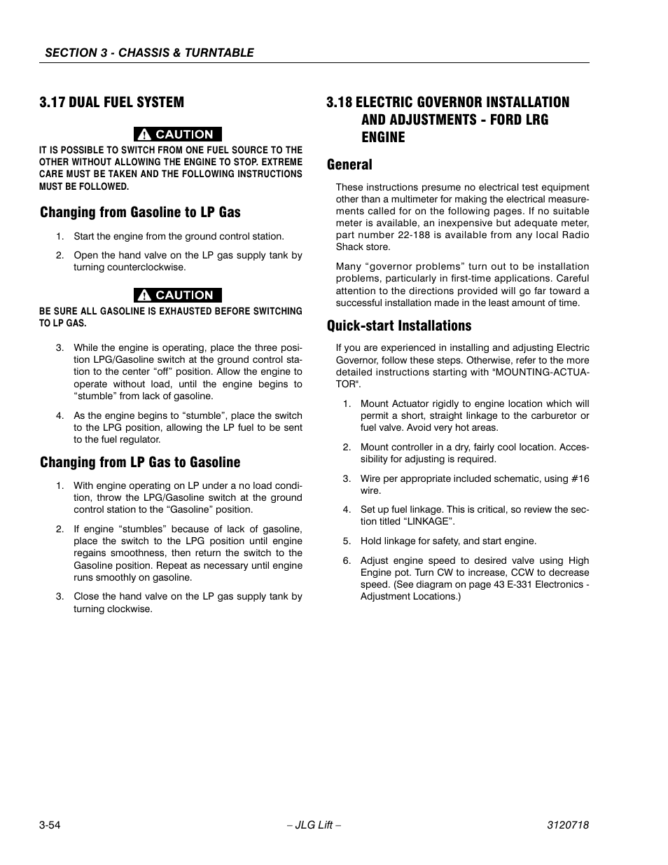 17 dual fuel system, Changing from gasoline to lp gas, Changing from lp gas to gasoline | General, Quick-start installations, Dual fuel system -54, General -54 quick-start installations -54 | JLG 660SJ ANSI Service Manual User Manual | Page 108 / 322