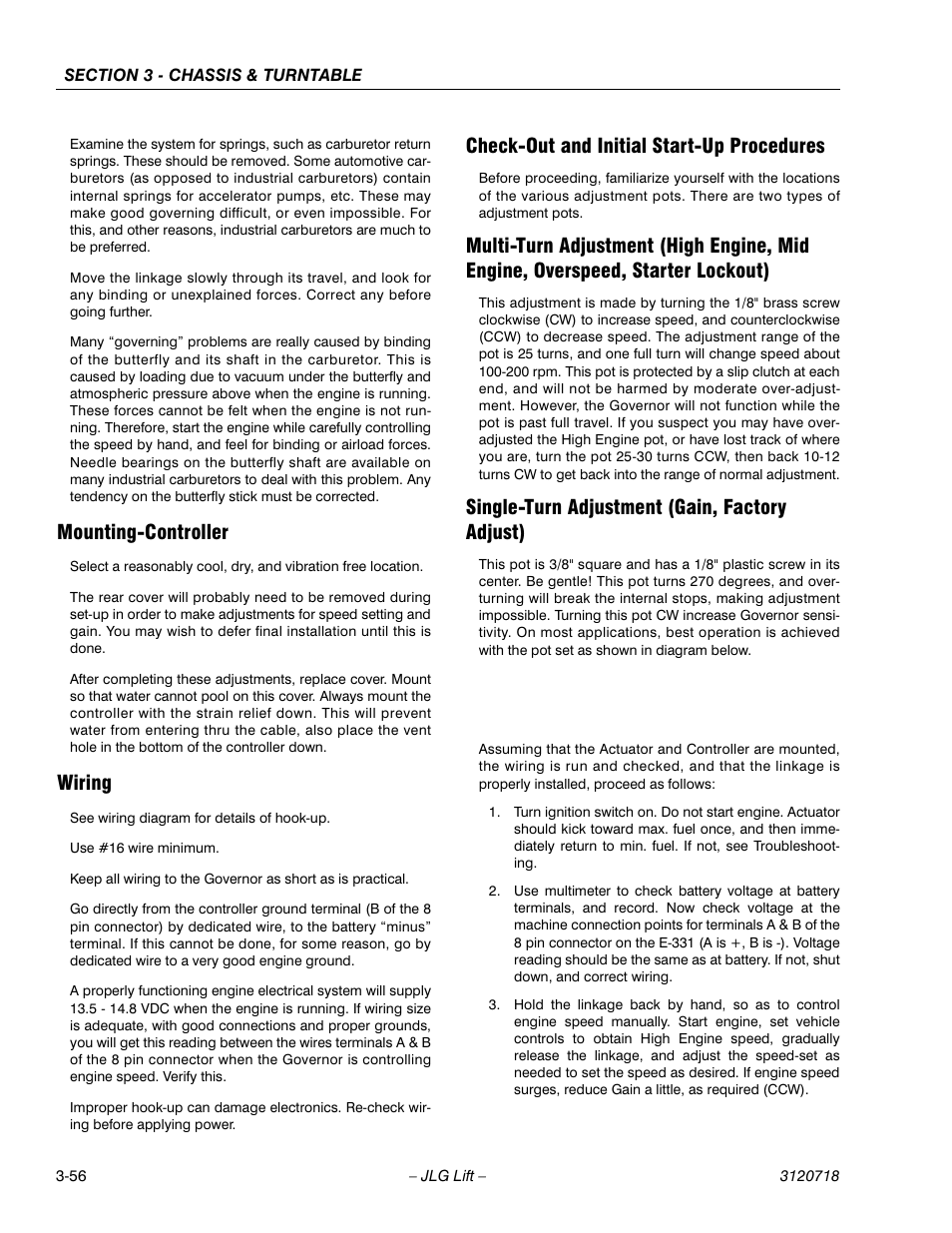 Mounting-controller, Wiring, Check-out and initial start-up procedures | Single-turn adjustment (gain, factory adjust) | JLG 660SJ ANSI Service Manual User Manual | Page 110 / 322