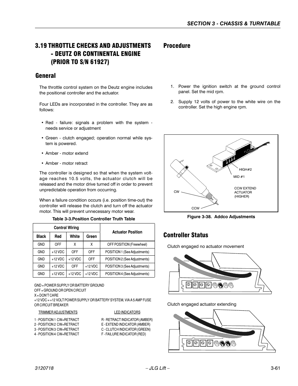General, Procedure, Controller status | General -61 procedure -61 controller status -61, Addco adjustments -61, Position controller truth table -61 | JLG 660SJ ANSI Service Manual User Manual | Page 115 / 322
