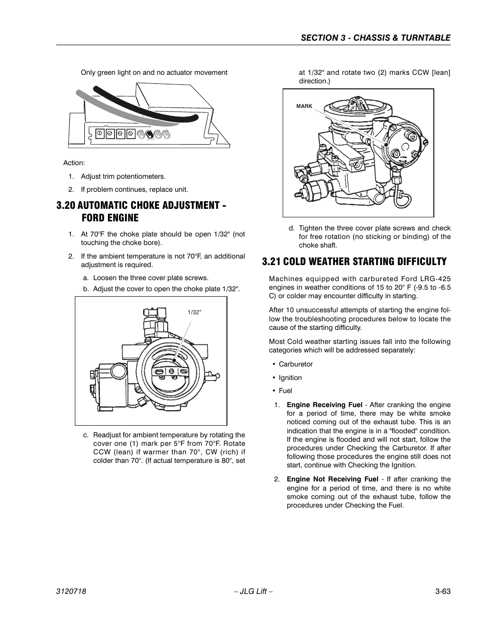 20 automatic choke adjustment - ford engine, 21 cold weather starting difficulty, Automatic choke adjustment - ford engine -63 | Cold weather starting difficulty -63 | JLG 660SJ ANSI Service Manual User Manual | Page 117 / 322