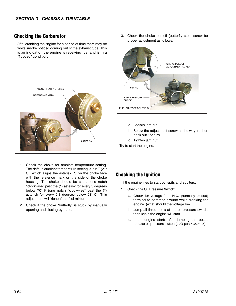 Checking the carburetor, Checking the ignition | JLG 660SJ ANSI Service Manual User Manual | Page 118 / 322