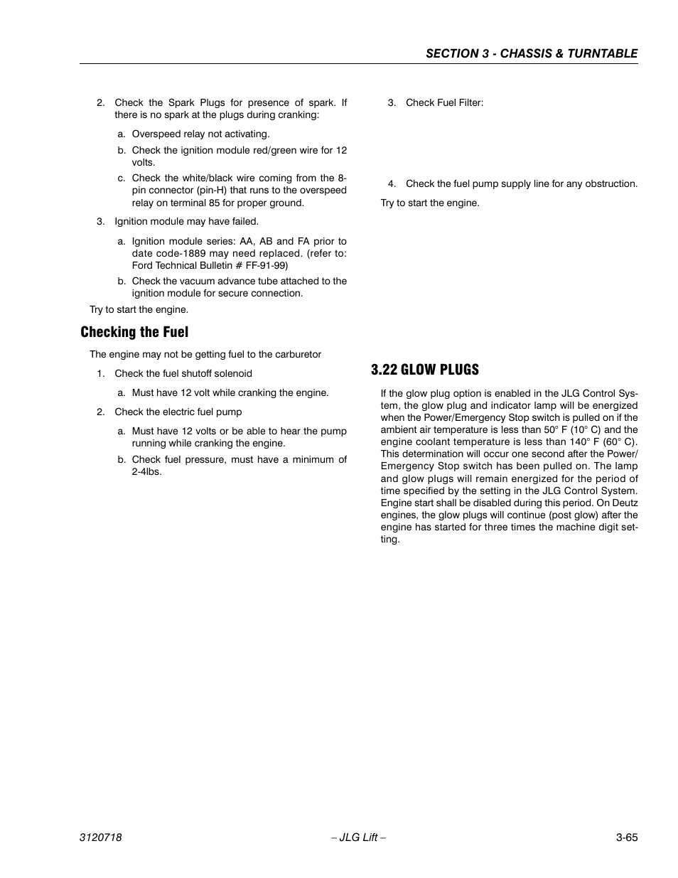 Checking the fuel, 22 glow plugs, Checking the fuel -65 | Glow plugs -65 | JLG 660SJ ANSI Service Manual User Manual | Page 119 / 322
