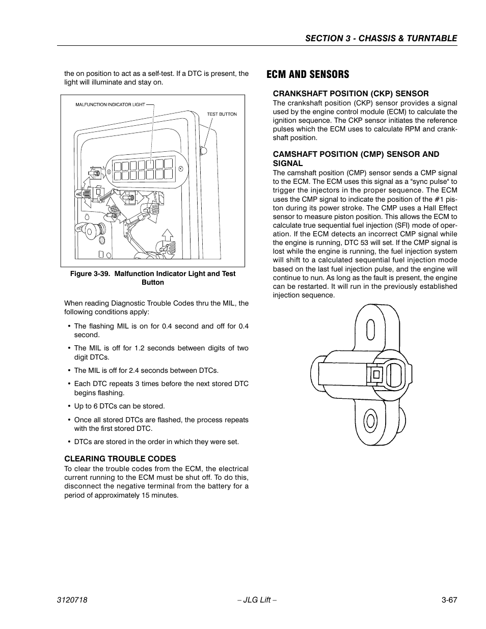 Ecm and sensors, Ecm and sensors -67, Malfunction indicator light and test button -67 | JLG 660SJ ANSI Service Manual User Manual | Page 121 / 322
