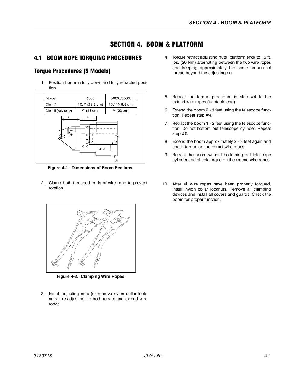 Section 4. boom & platform, 1 boom rope torquing procedures, Torque procedures (s models) | Section 4 - boom & platform, Boom rope torquing procedures -1, Torque procedures (s models) -1, Dimensions of boom sections -1, Clamping wire ropes -1 | JLG 660SJ ANSI Service Manual User Manual | Page 137 / 322