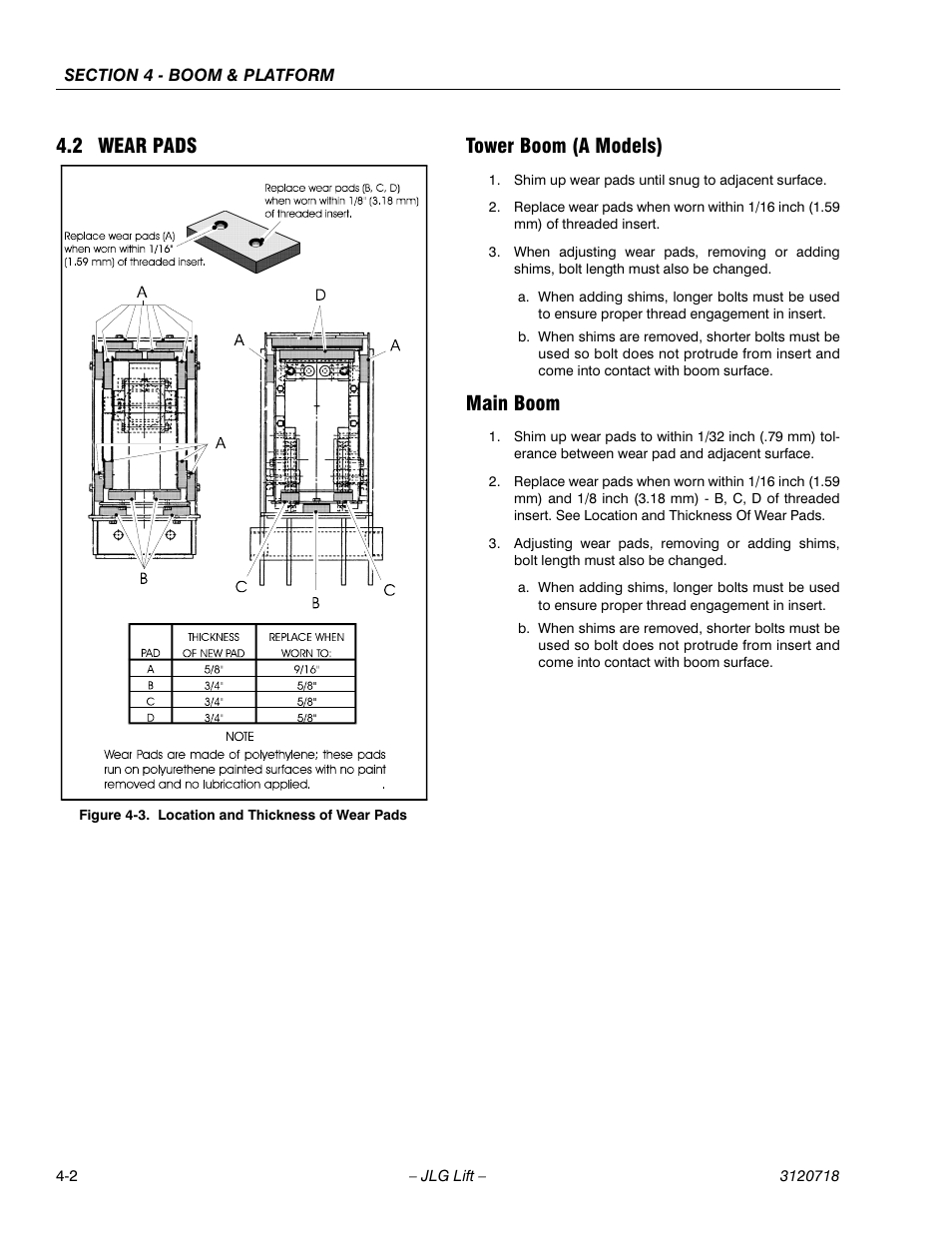 2 wear pads, Tower boom (a models), Main boom | Wear pads -2, Tower boom (a models) -2 main boom -2, Location and thickness of wear pads -2, 2 wear pads tower boom (a models) | JLG 660SJ ANSI Service Manual User Manual | Page 138 / 322