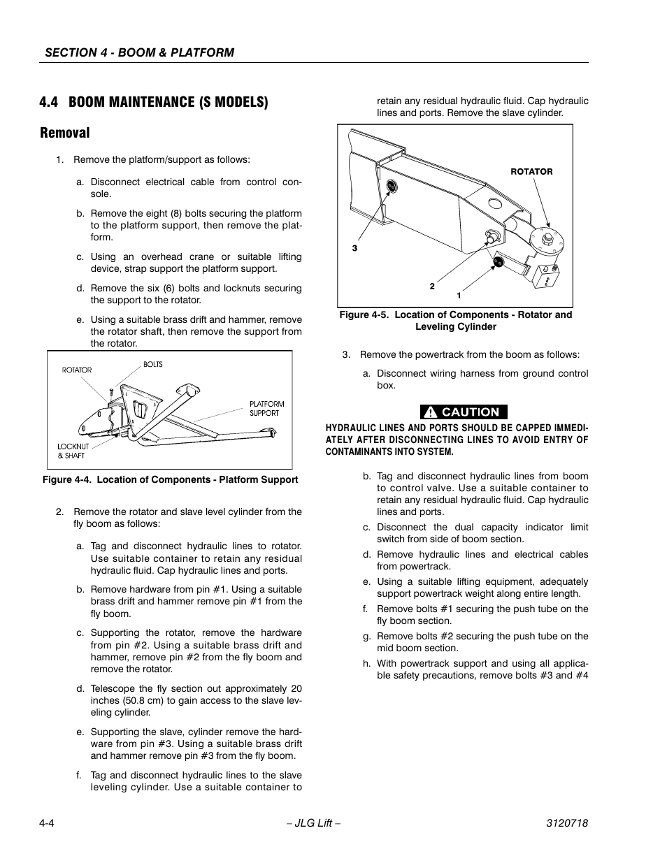 4 boom maintenance (s models), Removal, Boom maintenance (s models) -4 | Removal -4, Location of components - platform support -4, 4 boom maintenance (s models) removal | JLG 660SJ ANSI Service Manual User Manual | Page 140 / 322
