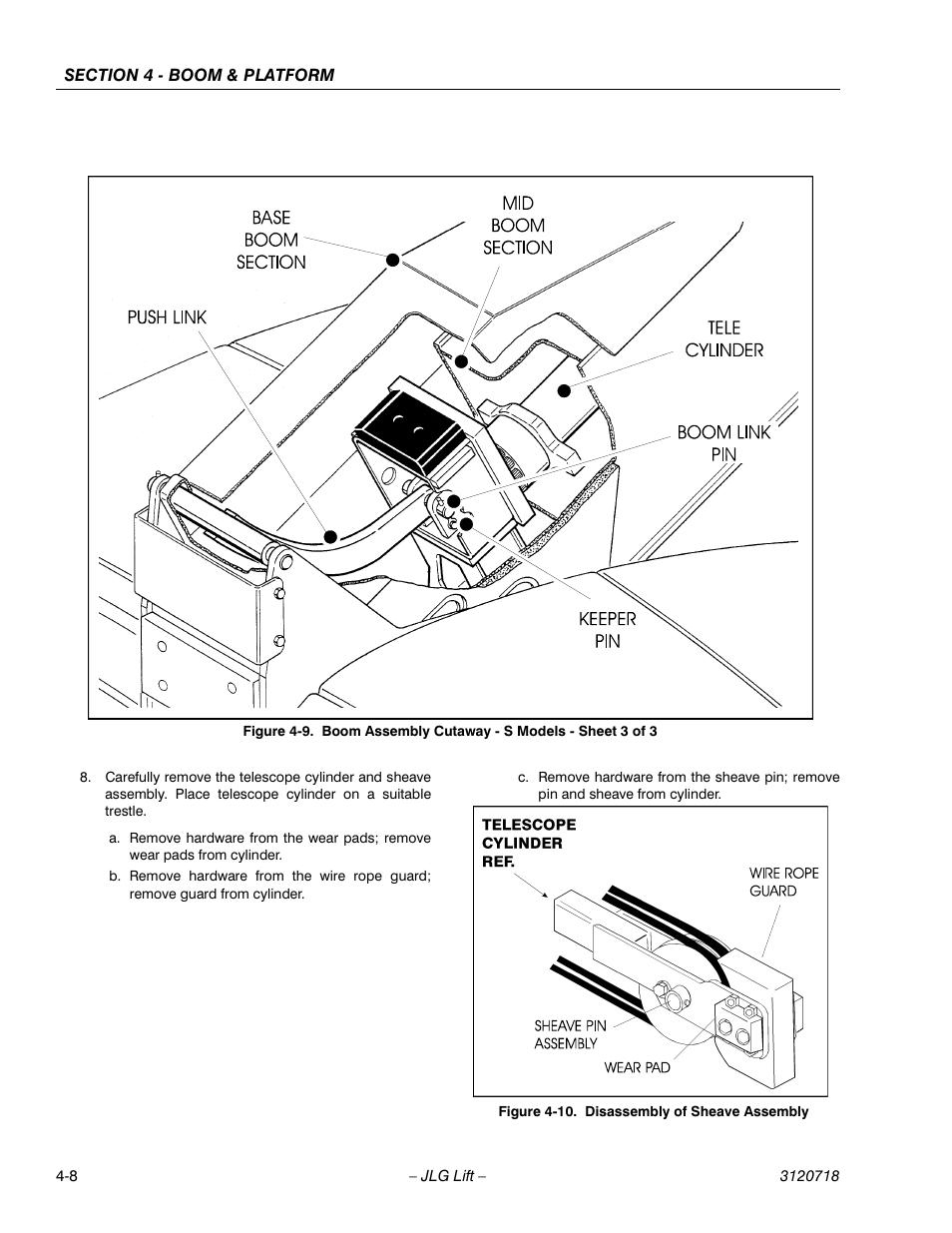 Boom assembly cutaway - s models - sheet 3 of 3 -8, Disassembly of sheave assembly -8 | JLG 660SJ ANSI Service Manual User Manual | Page 144 / 322