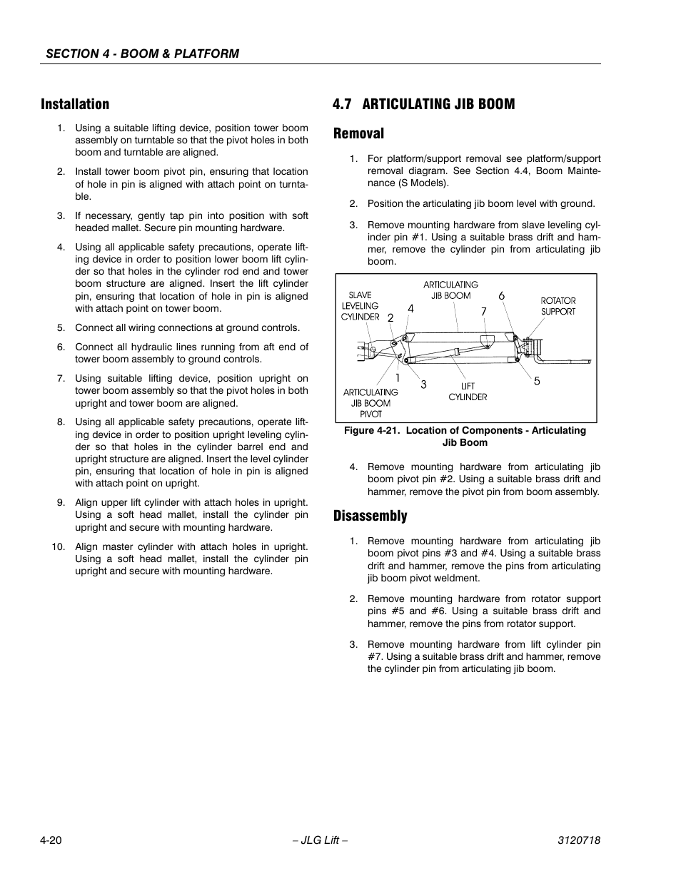 Installation, 7 articulating jib boom, Removal | Disassembly, Installation -20, Articulating jib boom -20, Removal -20 disassembly -20, Location of components - articulating jib boom -20, 7 articulating jib boom removal | JLG 660SJ ANSI Service Manual User Manual | Page 156 / 322