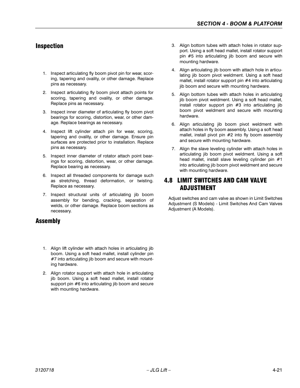 Inspection, Assembly, 8 limit switches and cam valve adjustment | Inspection -21 assembly -21, Limit switches and cam valve adjustment -21 | JLG 660SJ ANSI Service Manual User Manual | Page 157 / 322