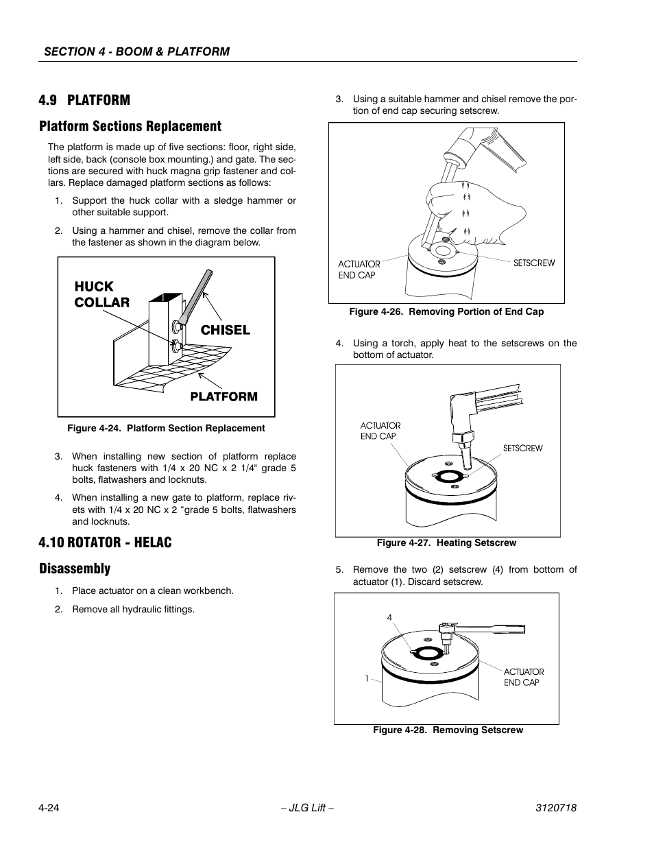 9 platform, Platform sections replacement, 10 rotator - helac | Disassembly, Platform -24, Platform sections replacement -24, Rotator - helac -24, Disassembly -24, Platform section replacement -24, Removing portion of end cap -24 | JLG 660SJ ANSI Service Manual User Manual | Page 160 / 322