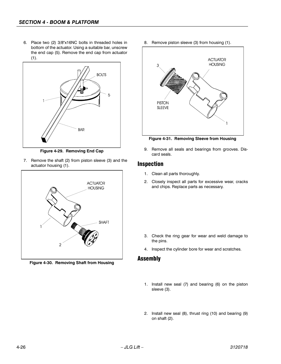 Inspection, Assembly, Inspection -26 assembly -26 | Removing end cap -26, Removing shaft from housing -26, Removing sleeve from housing -26 | JLG 660SJ ANSI Service Manual User Manual | Page 162 / 322