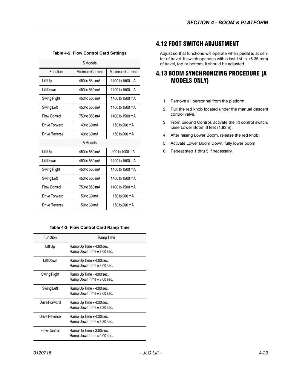 12 foot switch adjustment, 13 boom synchronizing procedure (a models only), Foot switch adjustment -29 | Boom synchronizing procedure (a models only) -29, Flow control card settings -29, Flow control card ramp time -29 | JLG 660SJ ANSI Service Manual User Manual | Page 165 / 322