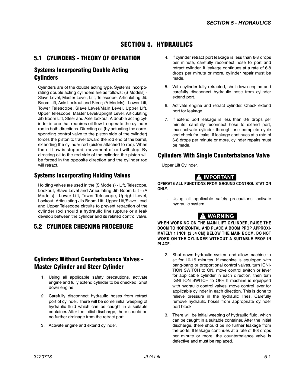 Section 5. hydraulics, 1 cylinders - theory of operation, Systems incorporating double acting cylinders | Systems incorporating holding valves, 2 cylinder checking procedure, Cylinders with single counterbalance valve, Section 5 - hydraulics, Cylinders - theory of operation -1, Cylinder checking procedure -1 | JLG 660SJ ANSI Service Manual User Manual | Page 167 / 322