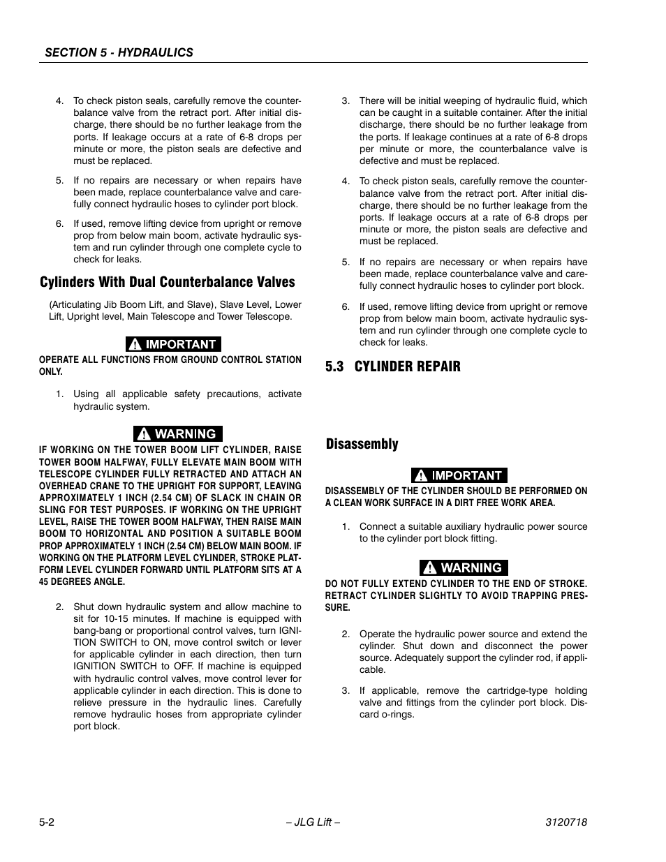 Cylinders with dual counterbalance valves, 3 cylinder repair, Disassembly | Cylinders with dual counterbalance valves -2, Cylinder repair -2, Disassembly -2 | JLG 660SJ ANSI Service Manual User Manual | Page 168 / 322